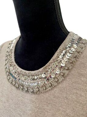 INC International Concepts Beige Sweater Blouse Sequin Collar Puff Sleeve